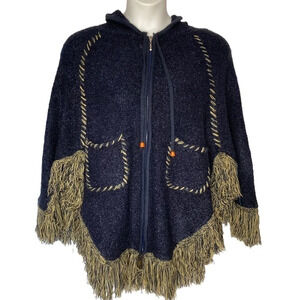 Neelam Navy Blue Knit Fringe Hem Pocket Sweater Poncho. Sz: O/S